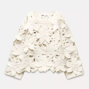 ZARA TEXTURED FLORAL KNIT SWEATER 3920/198 White Floral Crochet Sweater